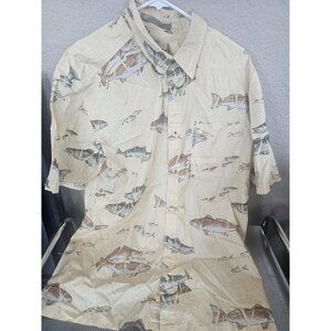 Columbia River Lodge All Over Fish Print Yellow Button Down Shirt Men's XL
